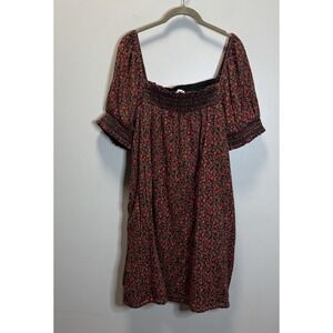 American Eagle Dress Women's XL Black Floral Smocked Puff Sleeve Side Pockets
